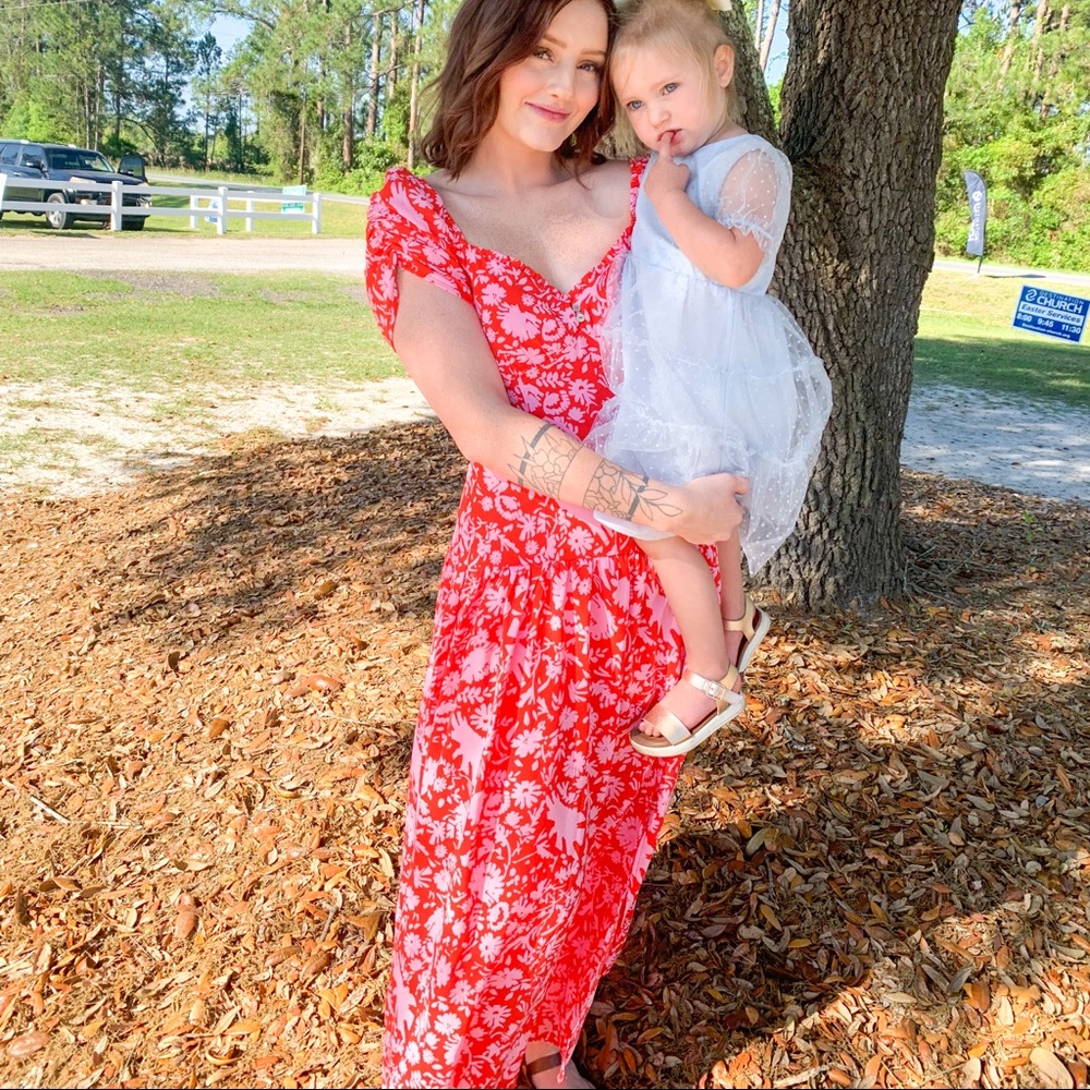 Red and pink maxi dress